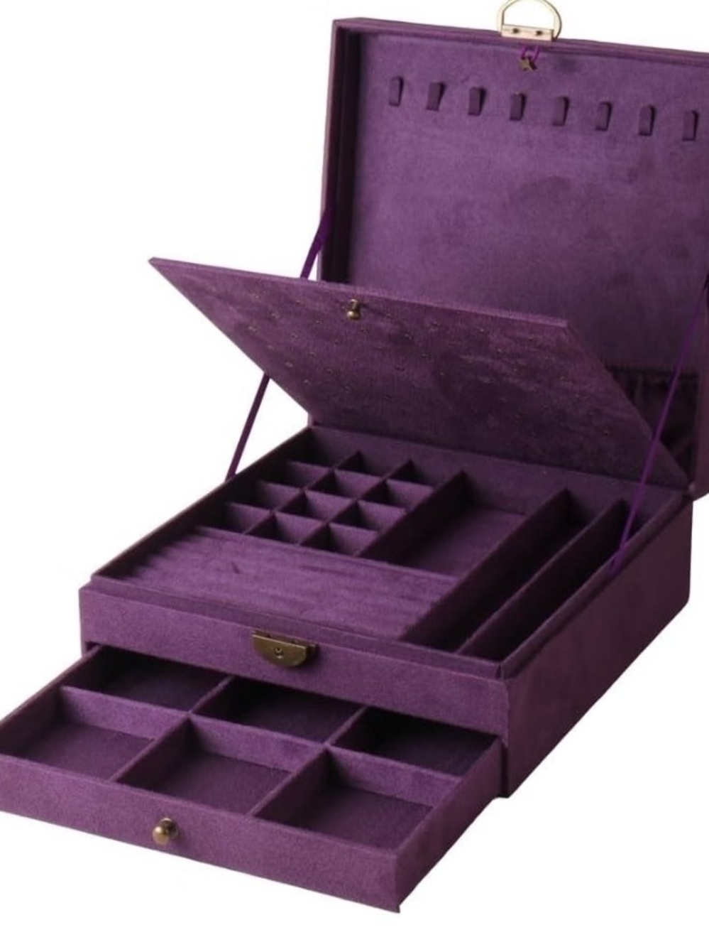 Purple Velvet Jewelry Box Organizer - Multi-Compartment Storage